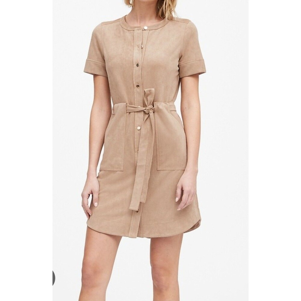 Banana Republic Womens Shirt Dress Tan Suede Short Sleeve Size 12 NWT